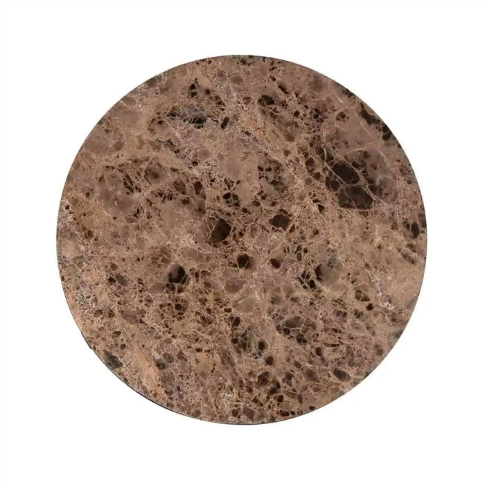 Couchtisch Orion mit einer braunen Marmorplatte und einem schwarzen Eisen Gestell
