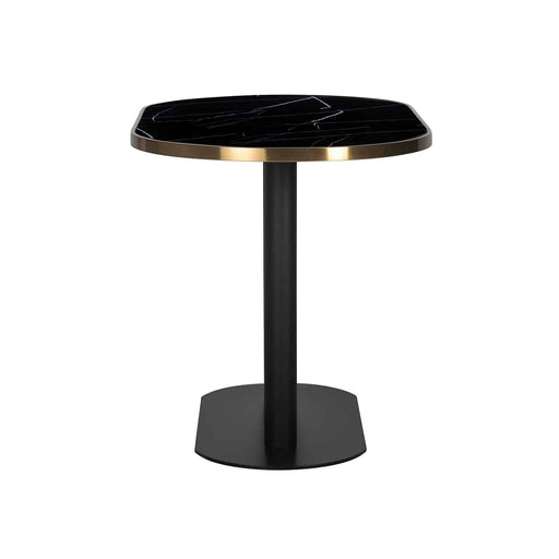 Ovaler Esstisch mit Kunst Marmor Platte in schwarz und Gestell aus Eisen in gold und schwarz