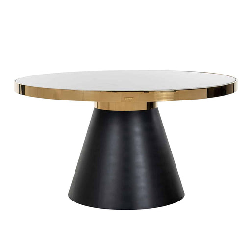 Runder Esstisch mit Kunst Marmor Platte in weiß, Gestell aus Metall in gold und Fuß aus rostfreien Stahl in schwarz