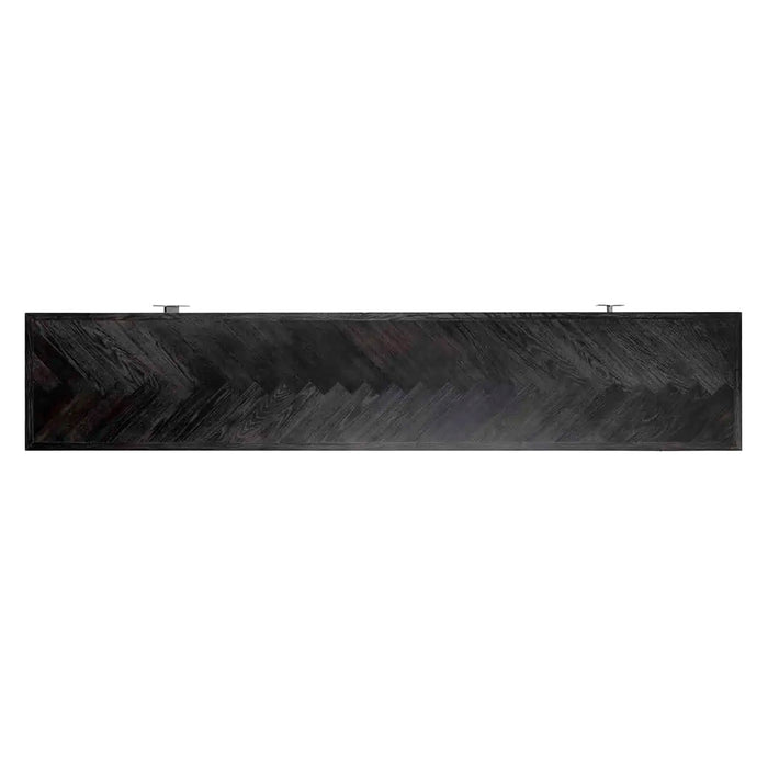 TV Lowboard Blackbone Silber mit 4 Türen und 1 offenes Regal aus dunklem Eichenfurnier im Fischgrätenmuster , Gestell und Griffe aus Edelstahl in der Farbe Silber