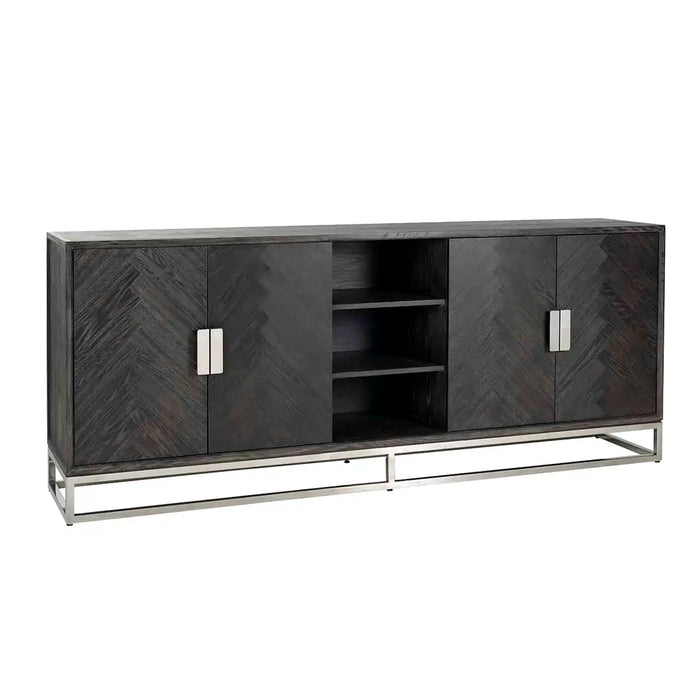 Sideboard Blackbone Silber mit 4 Türen und 1 offenes Regal aus dunklem Eichenfurnier im Fischgrätenmuster , Gestell und Griffe aus Edelstahl in Silber 