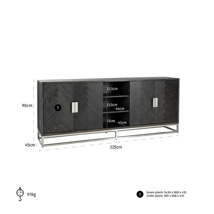 Maße: 90 cm x 225 cm x 45 cm vom Sideboard Blackbone Silber mit 4 Türen und 1 offenes Regal aus dunklem Eichenfurnier im Fischgrätenmuster , Gestell und Griffe aus Edelstahl in Silber