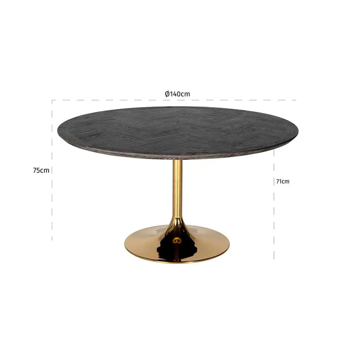 Runder Esstisch Blackbone mit einer schwarzen Eichenplatte und Gestell aus rostfreien Stahl in gold