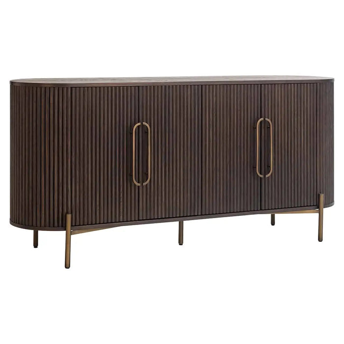 Sideboard Luxor aus Sperrholz und Eiche mit 4 Türen, Griffe und Beine aus Eisen in der Farbe Messing