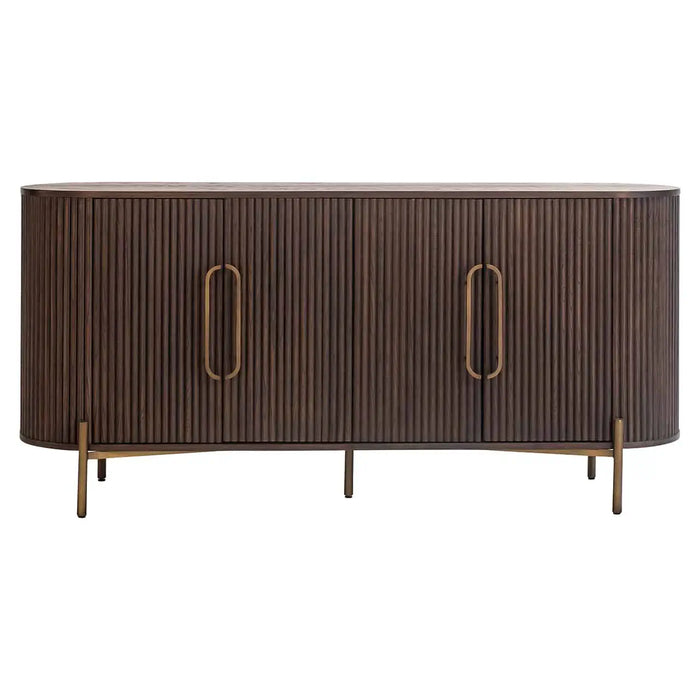 Sideboard Luxor aus Sperrholz und Eiche mit 4 Türen, Griffe und Beine aus Eisen in der Farbe Messing