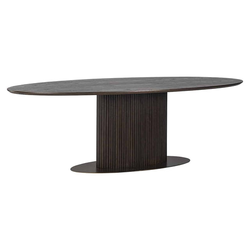 Ovaler Esstisch aus dunkler Vielschichtholzplatte und Fuß aus Eisen