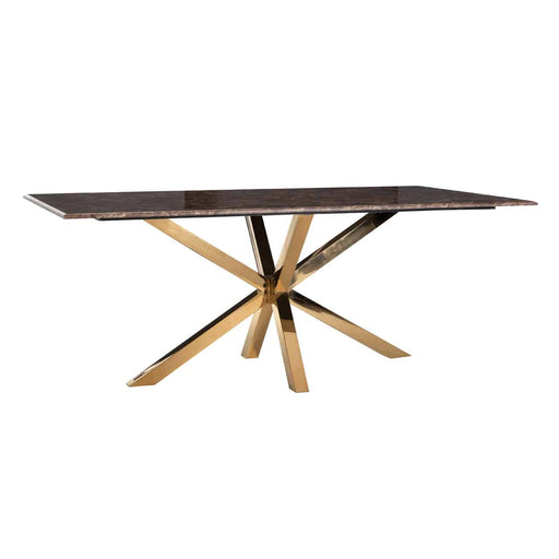 Esstisch mit brauner Kunst Marmor Tischplatte und Spider Gestell aus rostfreien Stahl in gold