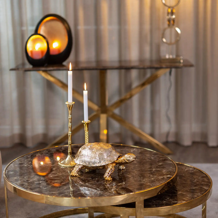 Moodfoto Couchtisch-Set Conrad mit einer Oberplatte aus Marmor und einem Edelstahl Gestell in gold
