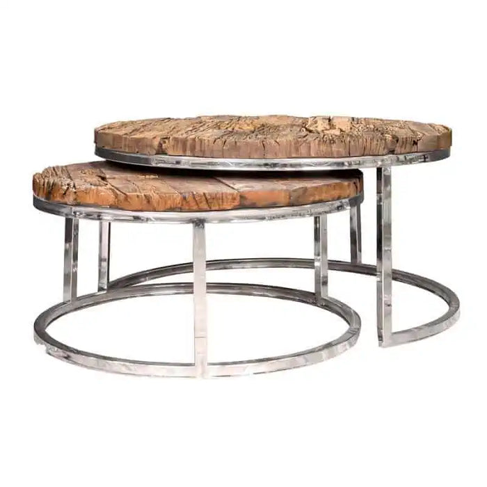 Couchtisch-Set Kensington mit einer Oberplatte aus Recyclingholz und einem Edelstahl Gestell in chrom