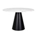 Runder Esstisch mit weißer Kunst Marmor Platte und Fuß aus rostfreien Stahl in schwarz