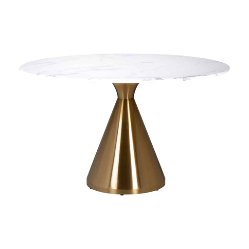 Runder Esstisch mit Platte aus Kunst Marmor in weiß und Fuß aus rostfreien Stahl in gebürsteten gold