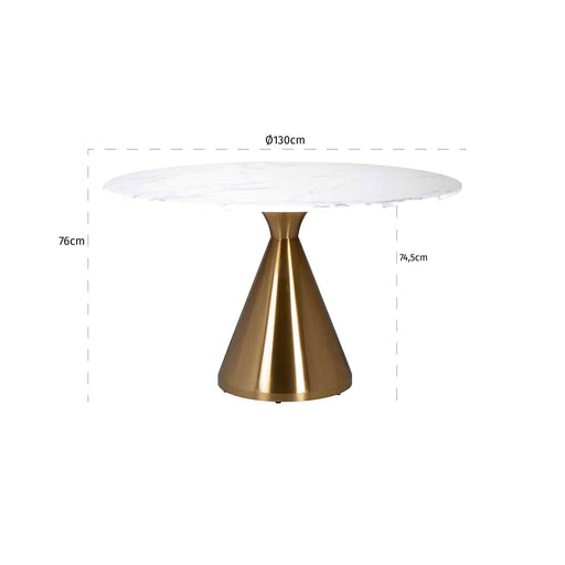 Durchmesser 130cm Maße des runden Esstisches mit Platte aus Kunst Marmor in weiß und Fuß aus rostfreien Stahl in gebürsteten gold