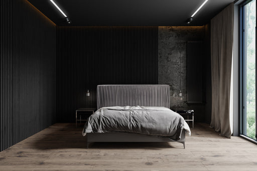 Mooodfoto Polsterbett Gaya Lux mit Bettkasten in grauem Samt Stoff und schwarzen Metallfüßen