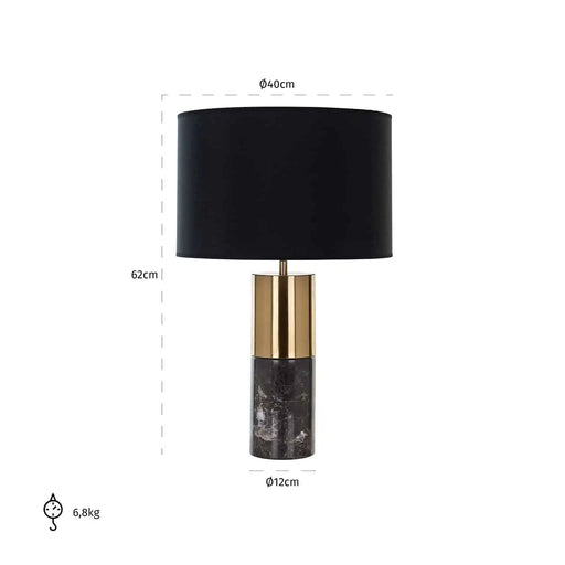 Maße: 62 cm x 40 cm x 40 cm von der Tischleuchte Nyo aus Metall in der Farbe Gold, dunklem Marmor und schwarzem Lampenschirm