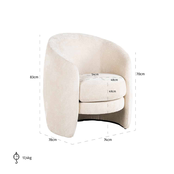 Maße: 83 cm x 74 cm x 78 cm vom Sessel Fenna im weißem Bouclé Stoff 