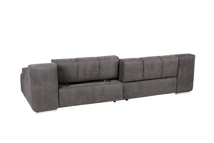 Sofa Temple 3 Sitzer mit grauem Stoff, silbernen Metallfüße und verstellbare Rückenlehne 