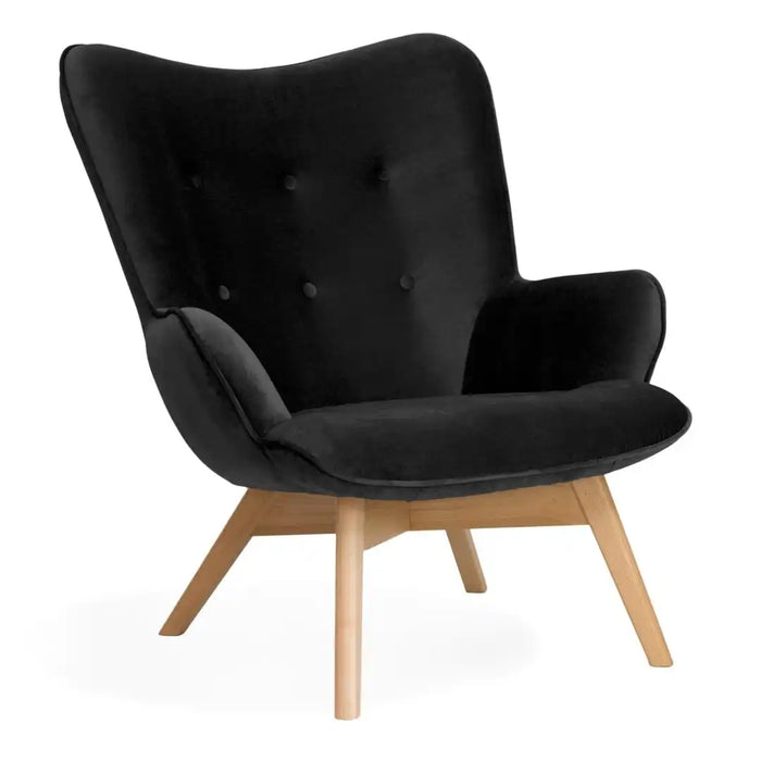 Sessel Cherub mit schwarzem samt Stoff und Beine aus Buchenholz 